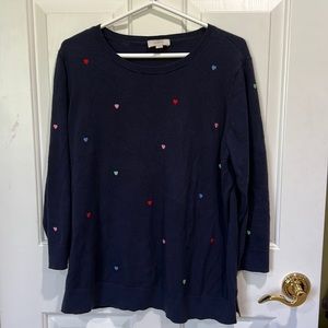 COPY - LOFT Lightweight Blue with Hearts Sweater with 3/4 sleeve